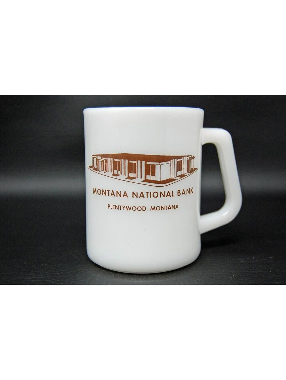 Montana National Bank Plentywood Advertising Milk Glass Coffee Mug Cup VTG MCM
